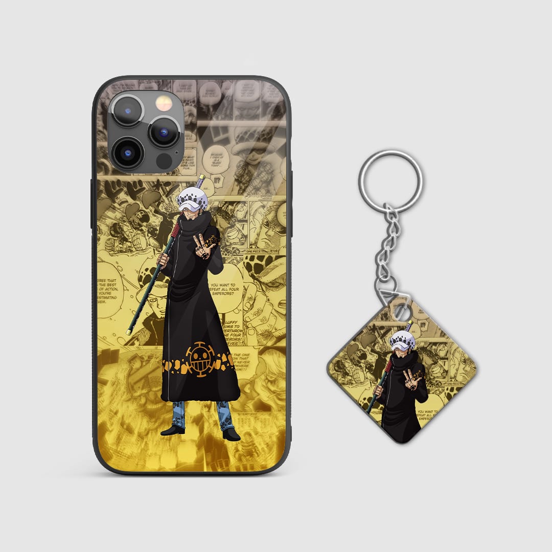 Close-up of Trafalgar Law's unique design elements on the silicone armored phone case with Keychain.