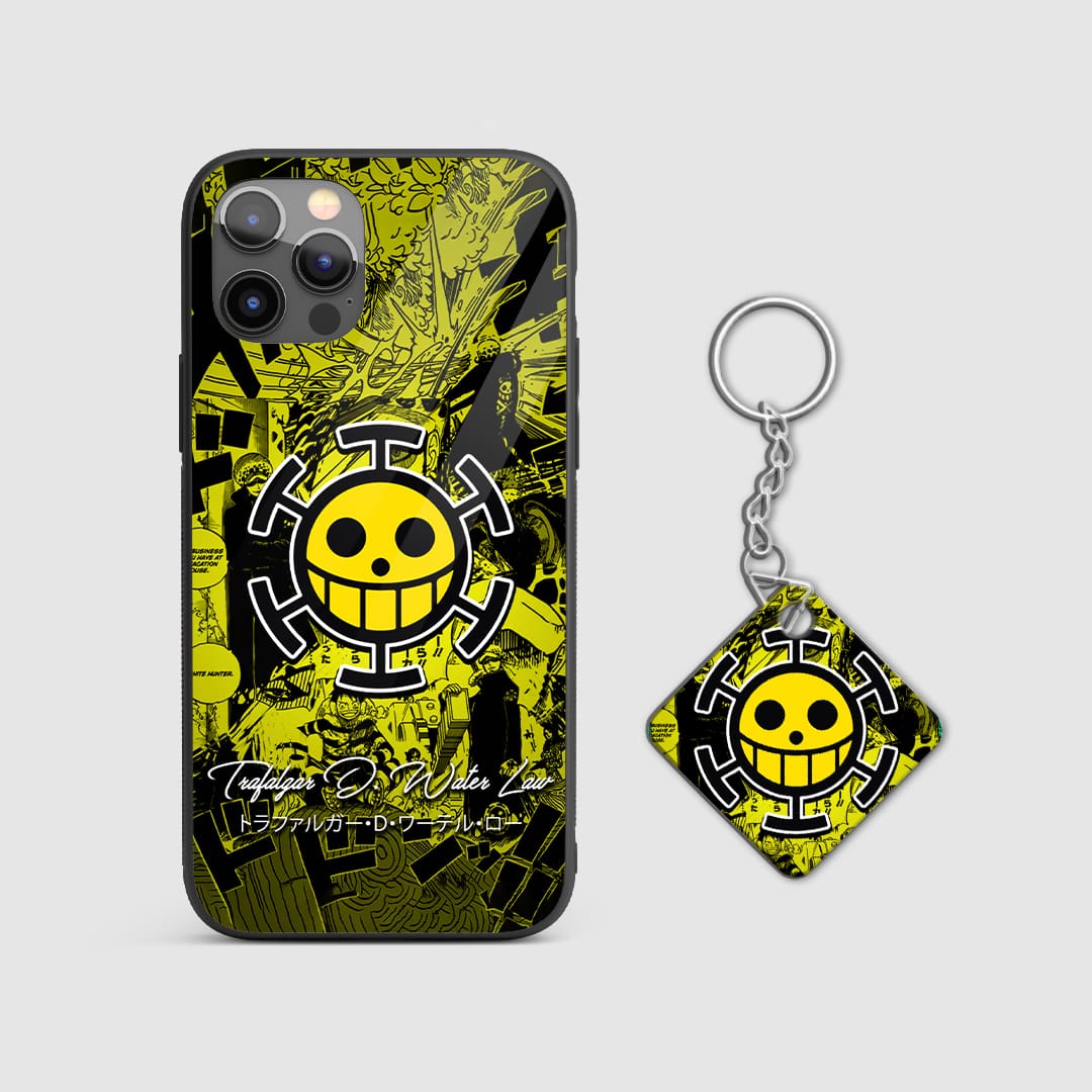 Detailed view of Trafalgar Law's symbol on the durable silicone armored phone case with Keychain.