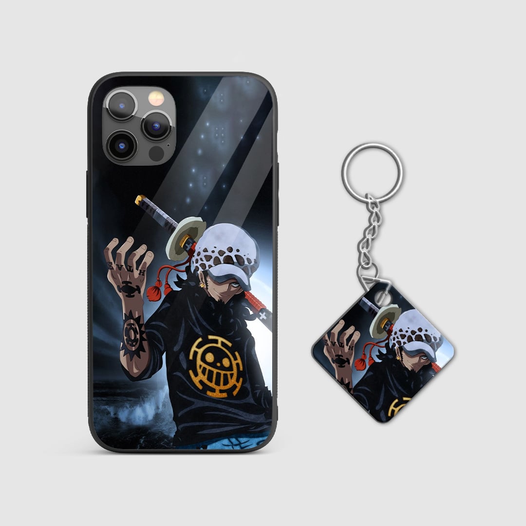 "Vivid artwork of Trafalgar Law, including his tattoo and hat, on the silicone armored case with Keychain.