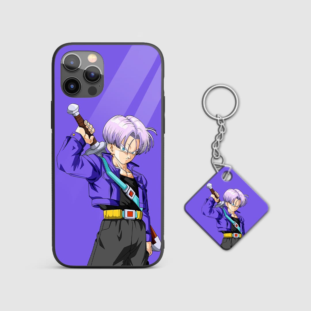 Vivid illustration of Trunks ready to fight on the silicone armored phone case with Keychain.