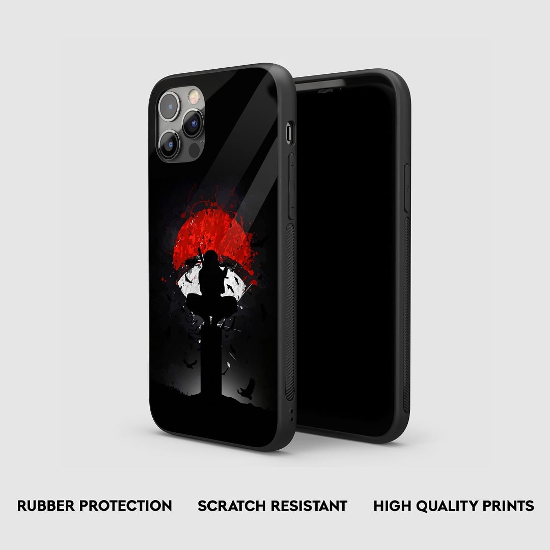 Angle view of the Uchiha Clan Symbol Armored Phone Case, showing its thick, protective edges.