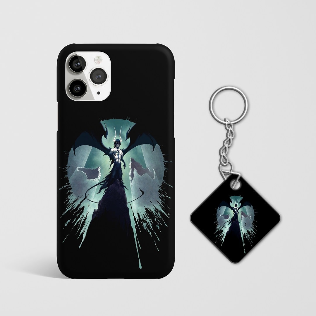 Close-up of Ulquiorra Cifer’s stoic expression on phone case with Keychain.