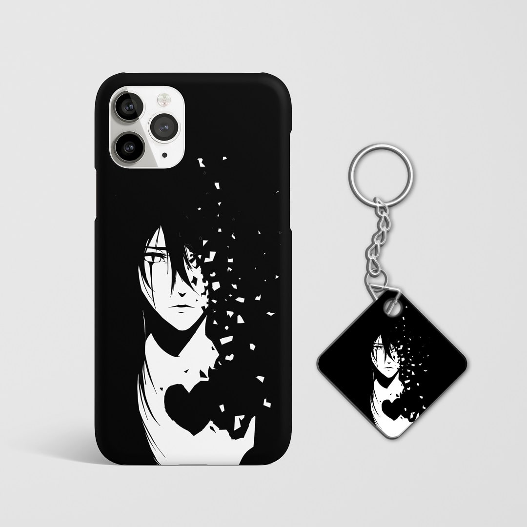 Close-up of Ulquiorra’s stoic expression on phone case with Keychain.