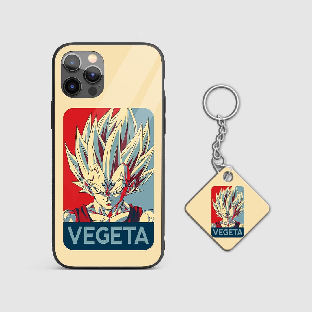 Detailed graphic of Vegeta in a battle pose on the silicone armored phone case with Keychain.