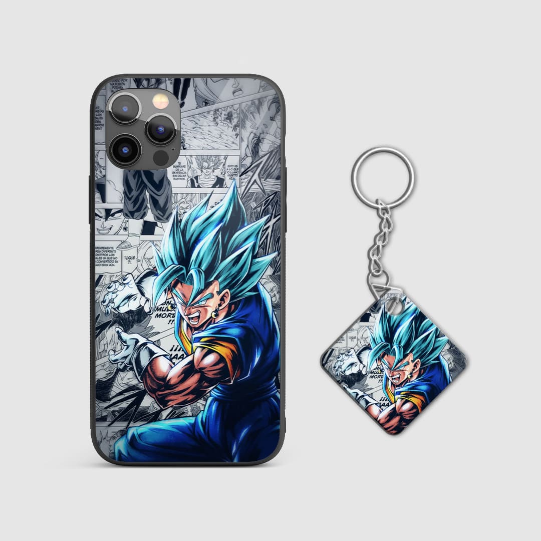 Detailed black and white illustration of Vegeta from the manga on the phone case with Keychain.