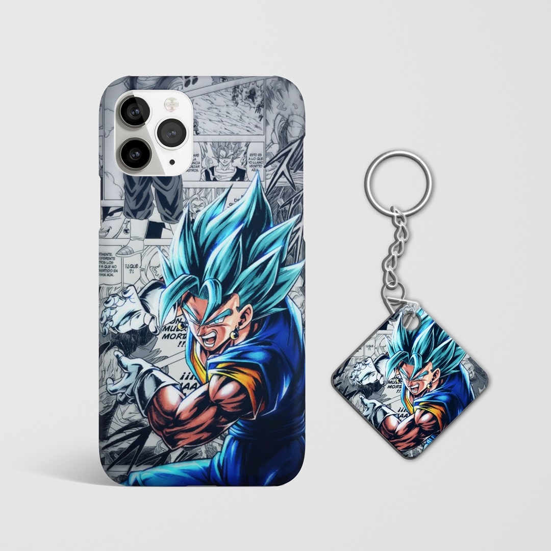 Close-up of Vegeta's fierce expression in manga style on phone case with Keychain.