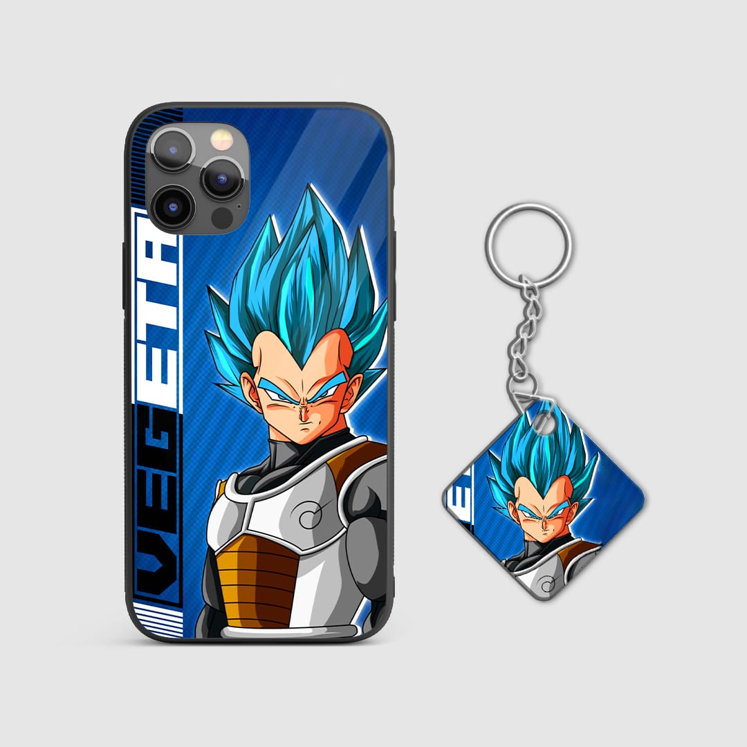 lose-up of Vegeta's name emblazoned across the silicone armored phone case, showcasing bold typography with Keychain.