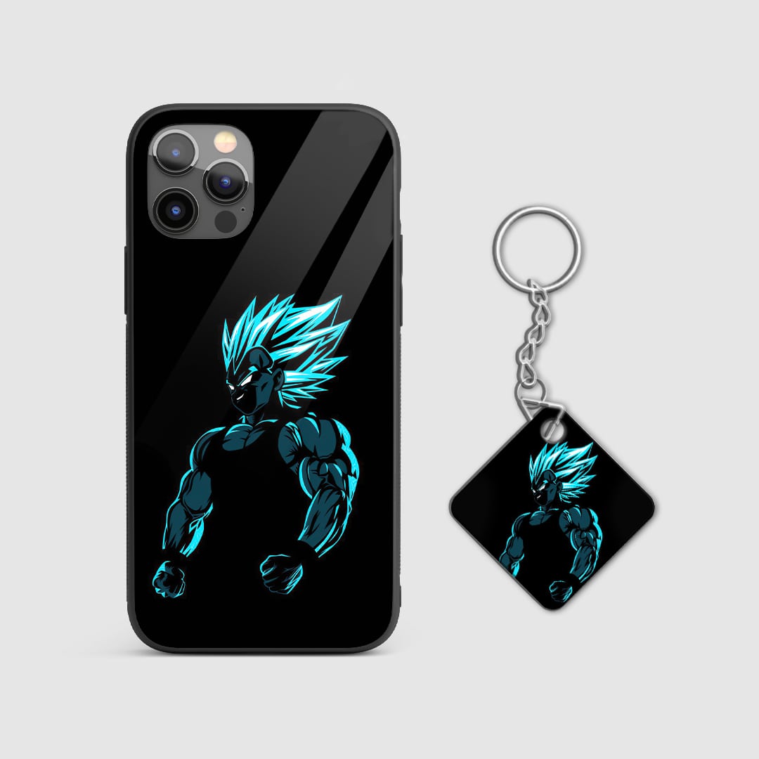 Detailed portrayal of Vegeta's perfected Super Saiyan Blue form on the phone case with Keychain.