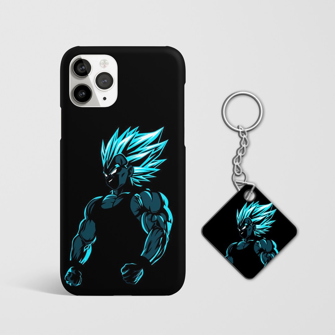 Close-up of Vegeta's intense energy in his perfected Super Saiyan form on phone case with Keychain.
