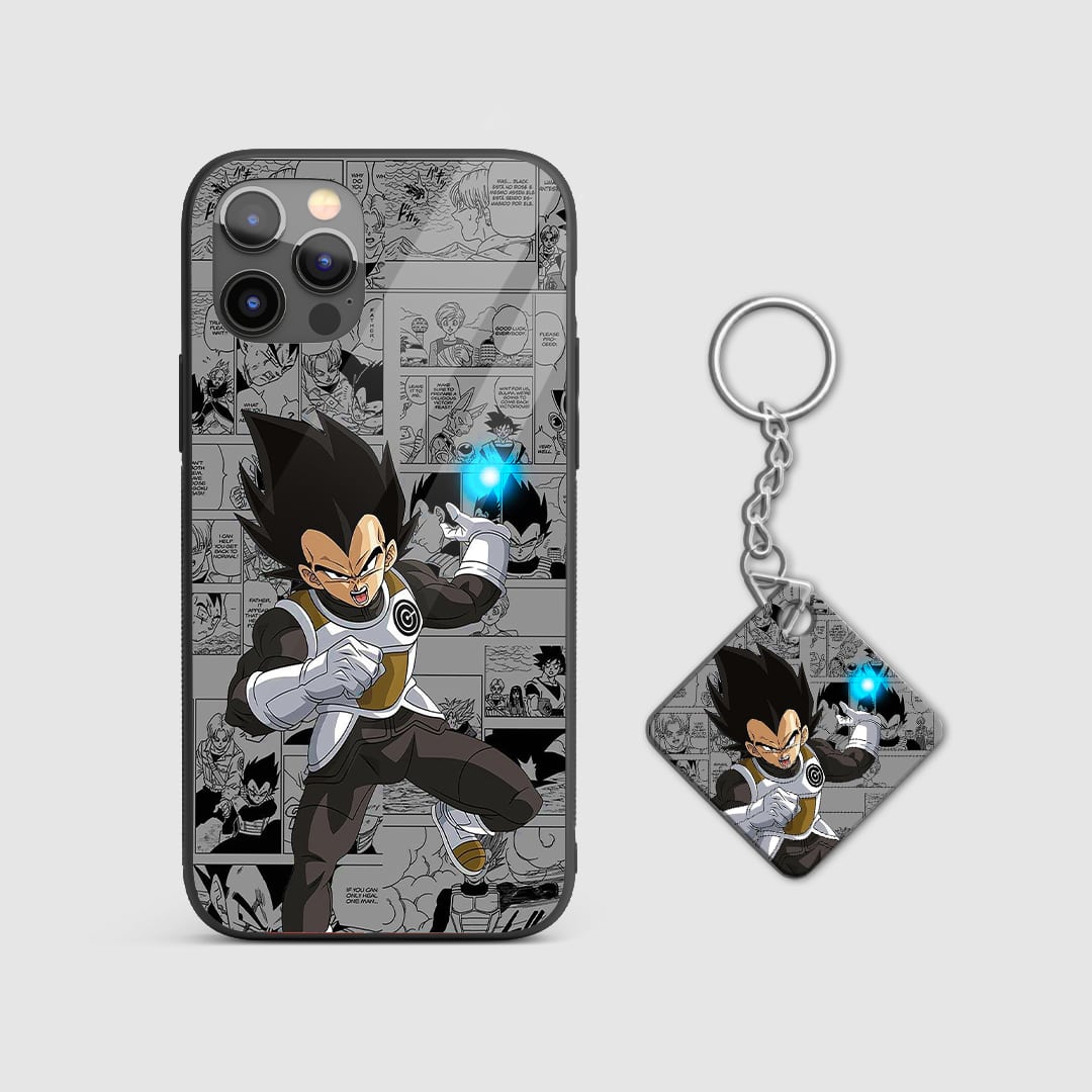 Artistic depiction of Vegeta unleashing his power on the durable silicone phone case with Keychain.
