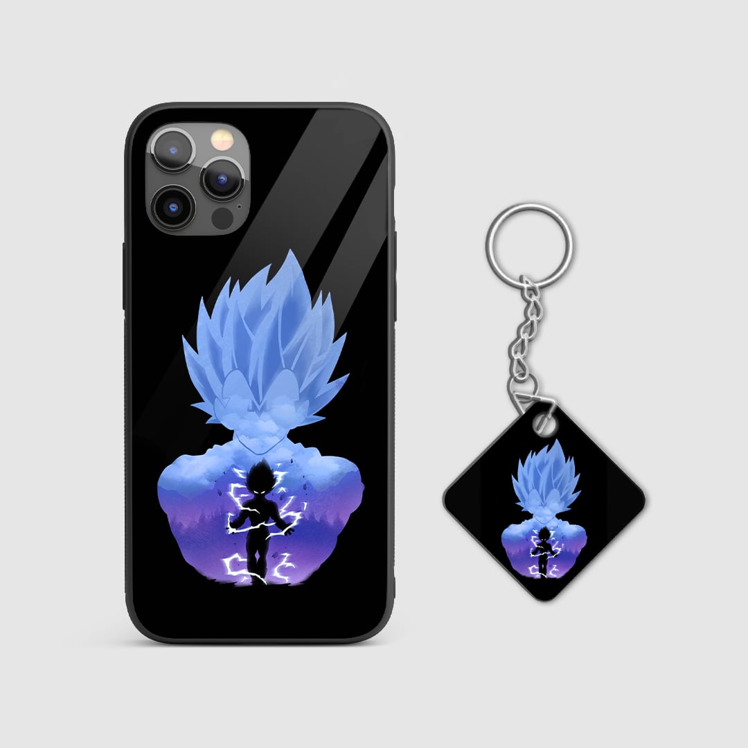 Dynamic image of Super Saiyan Blue Vegeta with a powerful blue aura on the armored phone case with Keychain.
