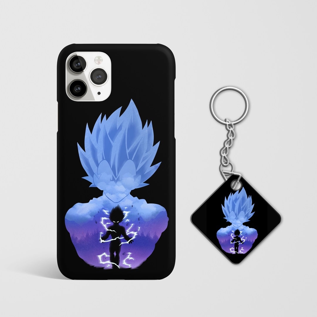 Close-up of Vegeta's fierce Super Saiyan expression on phone case with Keychain.