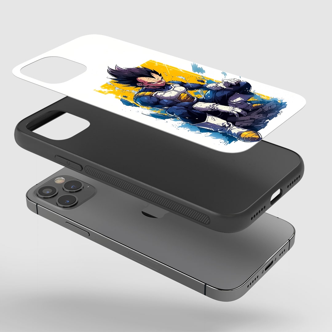 Angled view of Vegeta Graphic Phone Case showing powerful anime style.
