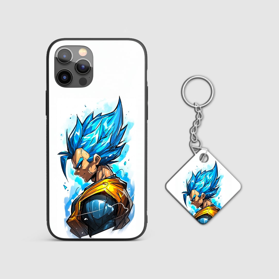 Back view of Vegeta Pastel Case featuring pastel Saiyan artwork with Keychain.