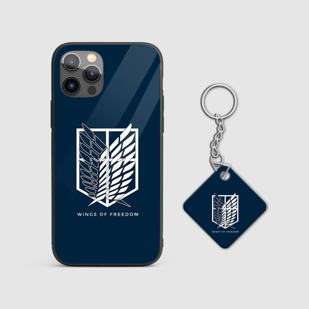 Iconic Wings of Freedom design from Attack on Titan on a durable silicone phone case with Keychain.