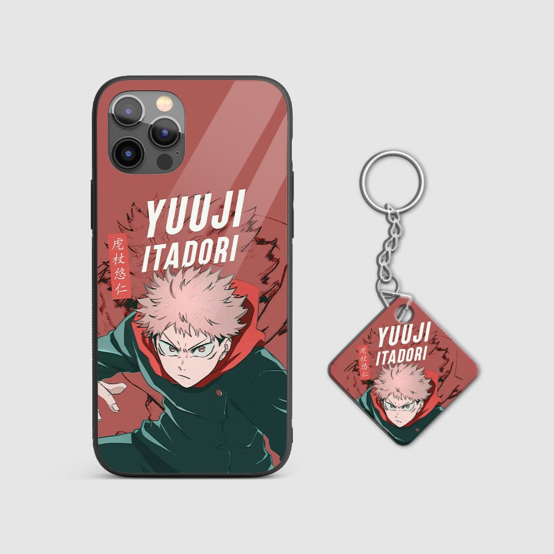 Illustration of Yuji Itadori unleashing his energy on the vibrant silicone armored phone case with Keychain