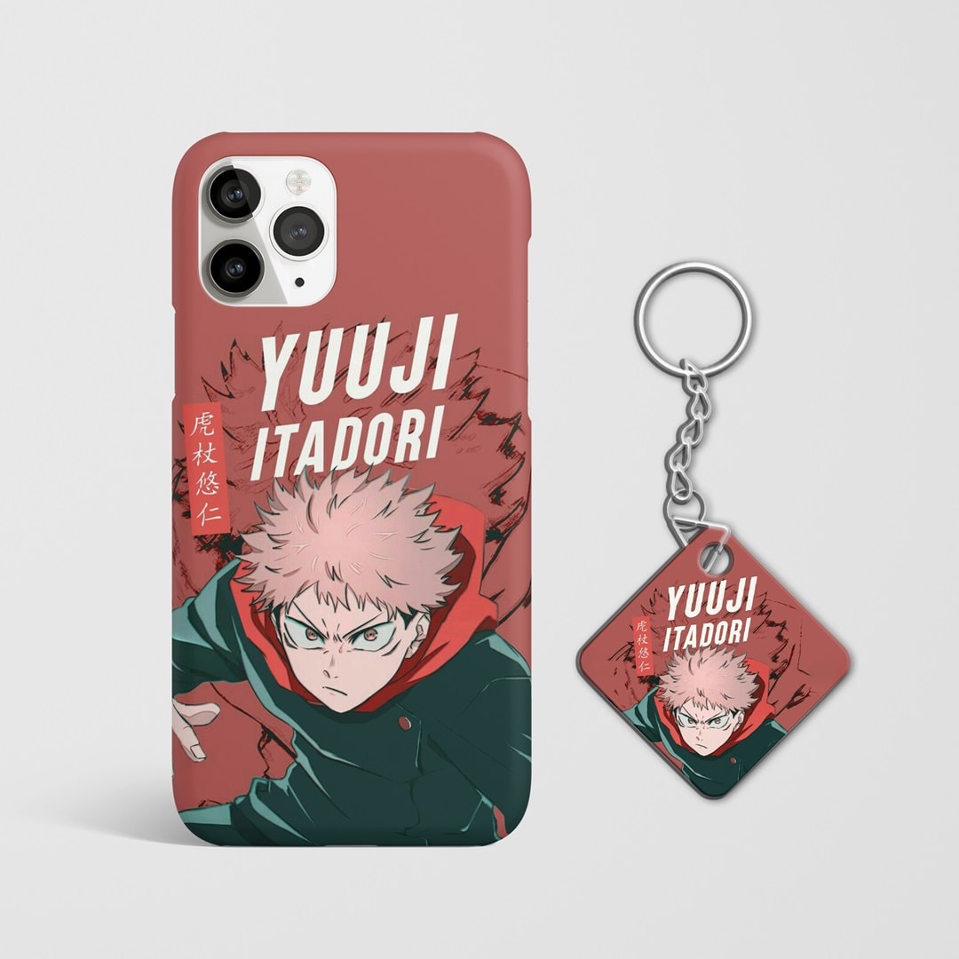 Close-up of Yuji Itadori's intense expression on phone case with Keychain.