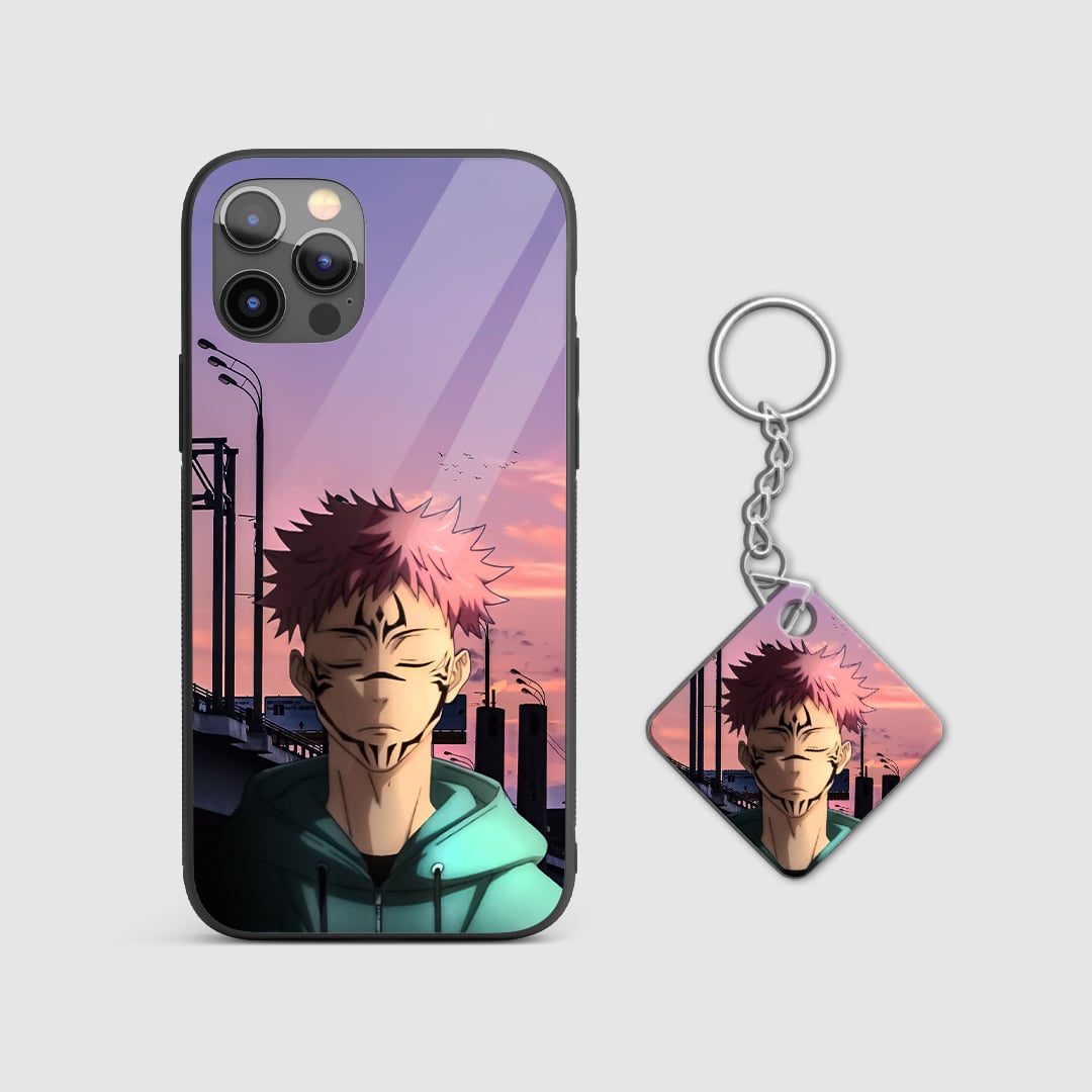 Elegant and colorful portrayal of Yuji Itadori from Jujutsu Kaisen on the silicone phone case with Keychain.