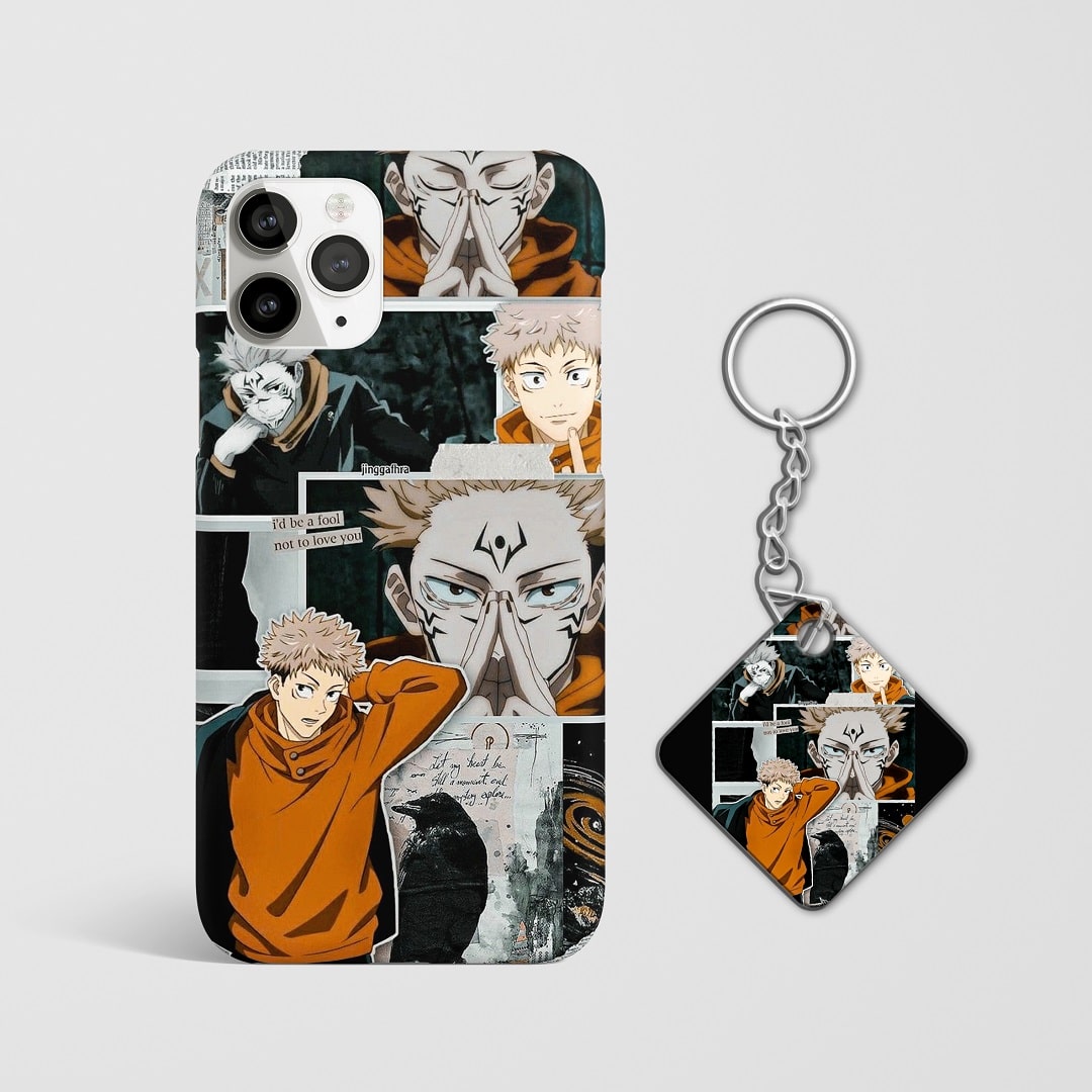 Close-up of Yuji Itadori’s dynamic expressions on phone case with Keychain.