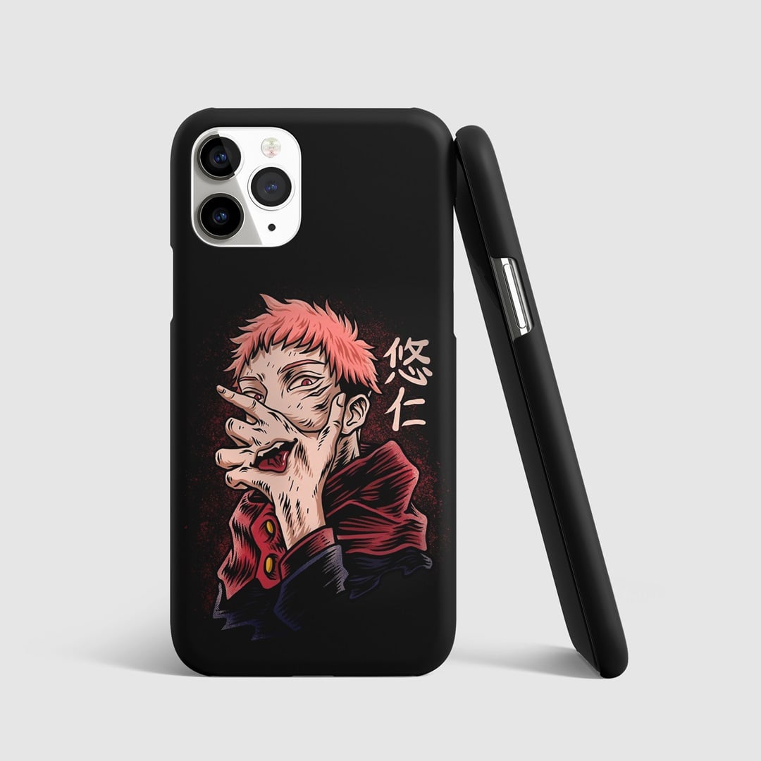 Eerie image of Yuji Itadori with Sukuna’s mouth on his hand on phone cover.