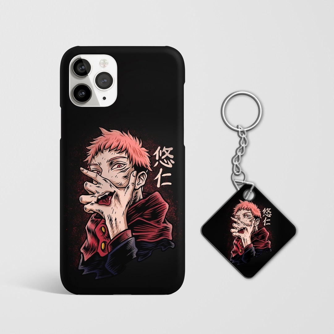 Close-up of Yuji Itadori’s intense expression with hand mouth design on phone case with Keychain.