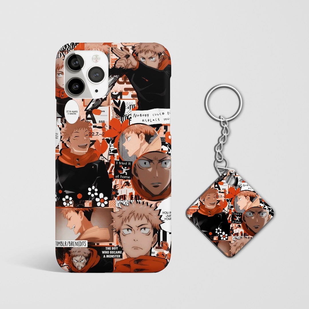 Close-up of Yuji Itadori’s dynamic orange design on phone case with Keychain.
