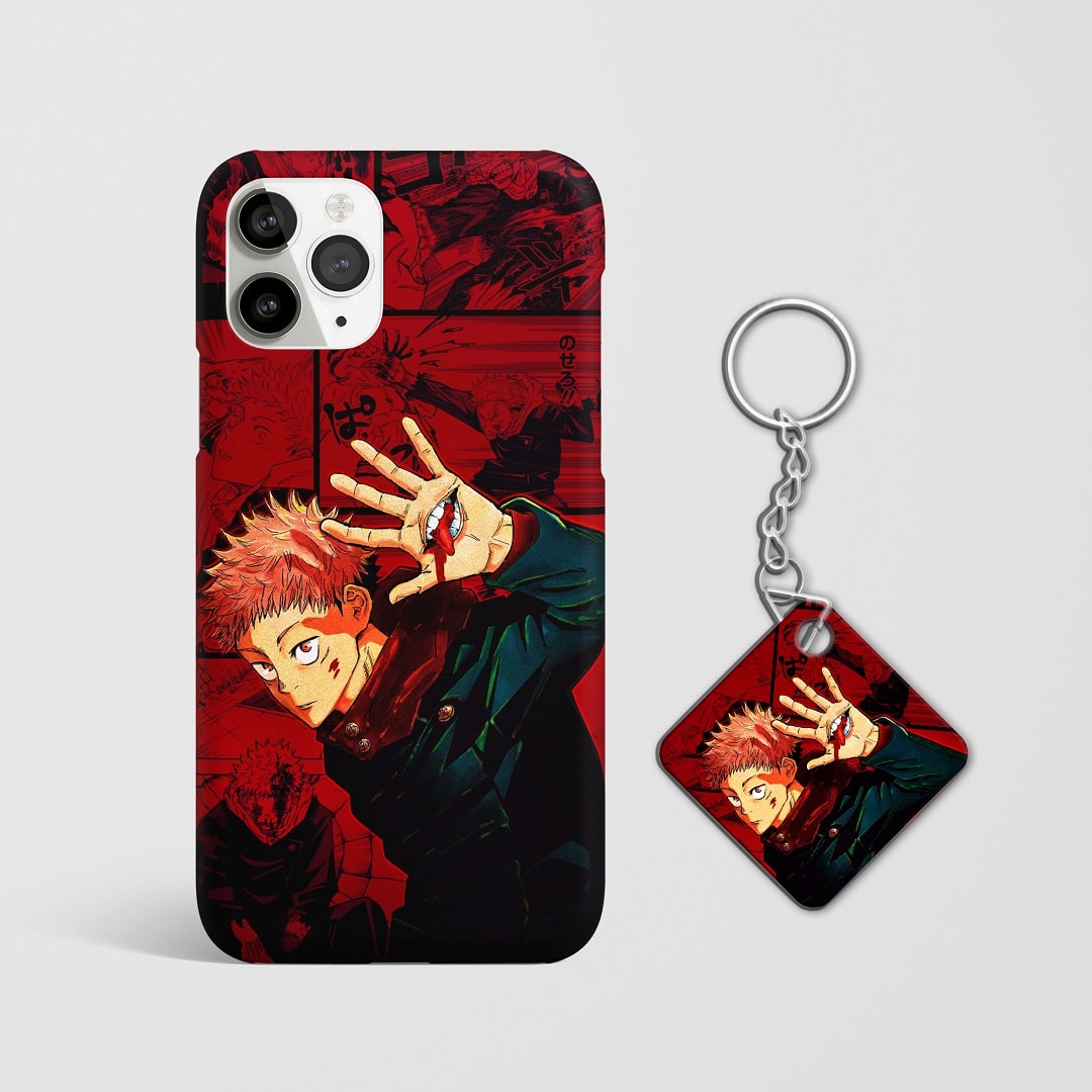 Close-up of Yuji Itadori’s fierce expression on phone case with Keychain.