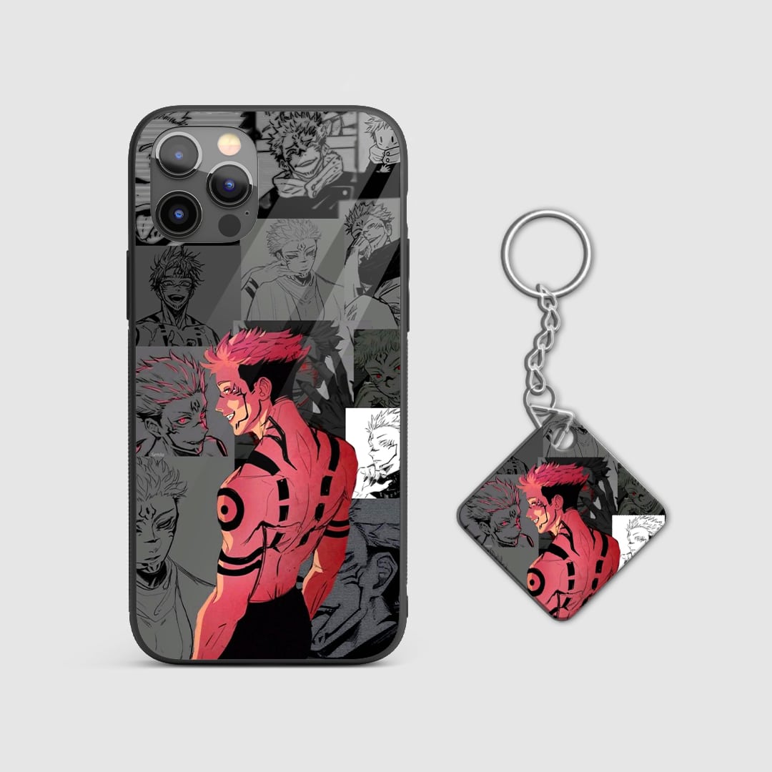 Striking red and black color scheme on a durable silicone phone case showcasing Yuji Itadori's energy with Keychain.