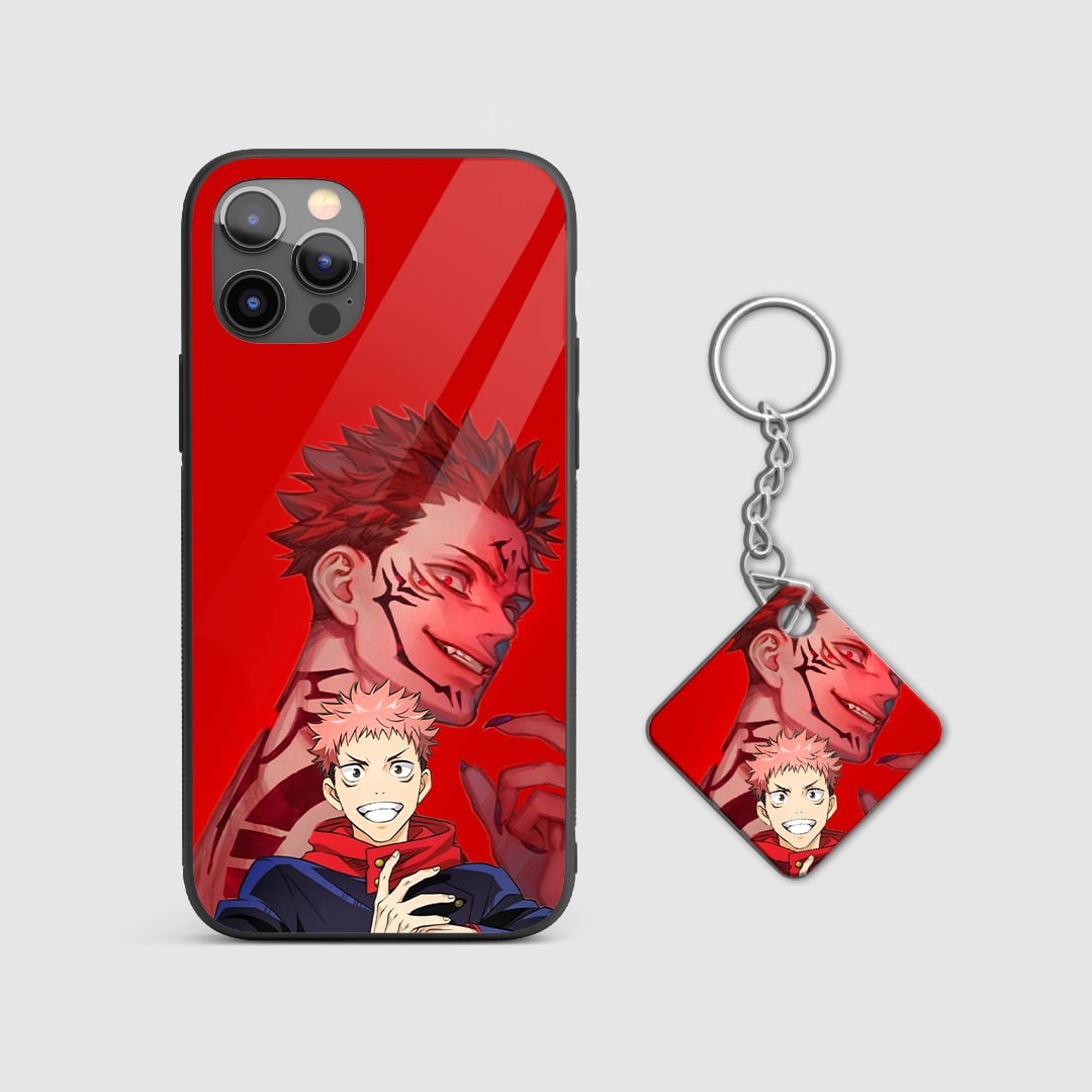 Bright and bold red phone case with an action-inspired design of Yuji Itadori with Keychain