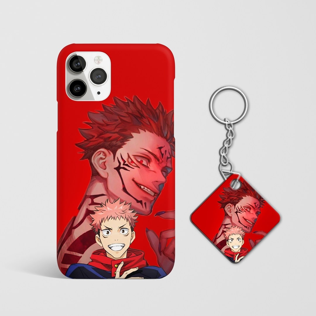 Close-up of Yuji Itadori’s intense expression on red phone case with Keychain.