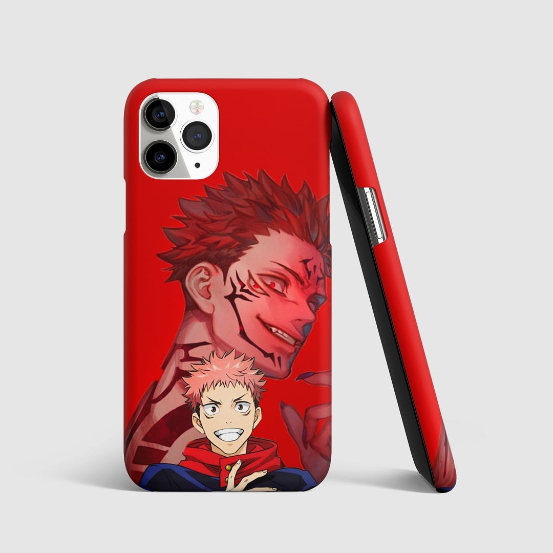 Bold red design with dynamic illustration of Yuji Itadori on phone cover.