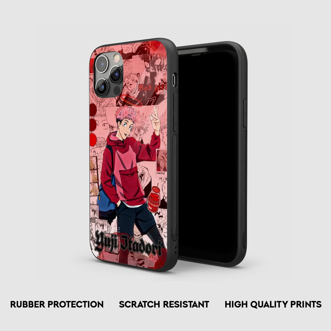 Side view of the Yuji Red Theme Armored Phone Case, highlighting its protective silicone body.