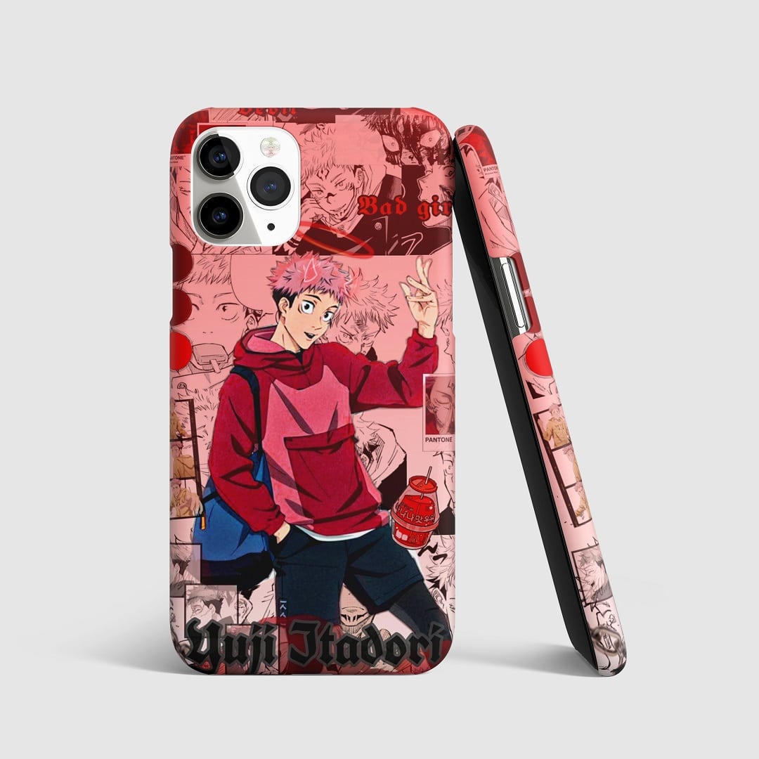 Dynamic red-themed design of Yuji Itadori on phone cover.