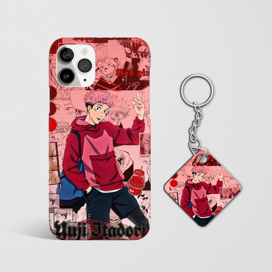 Close-up of Yuji Itadori’s intense expression on red-themed phone case with Keychain.