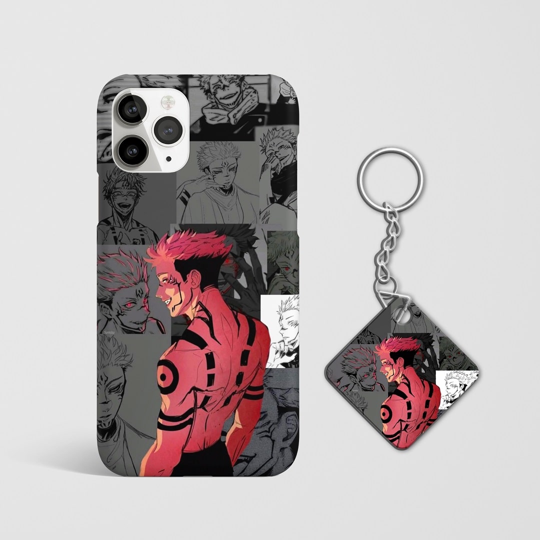 Close-up of Yuji Itadori’s intense expression on phone case with Keychain.