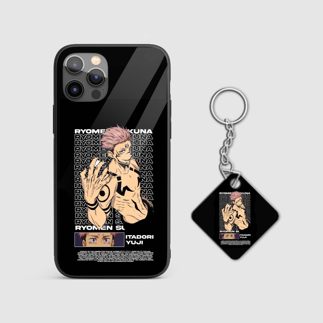 Artistic display of Ryomen Sukuna's curse patterns on the armored silicone phone case with Keychain.