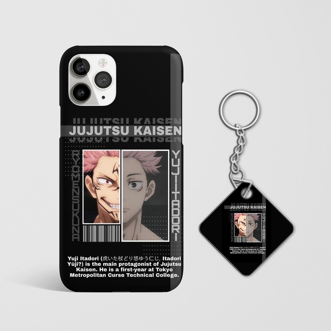 Close-up of Yuji Itadori synopsis design on phone case with Keychain.