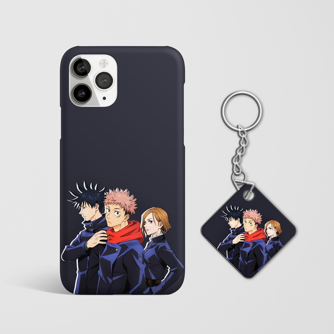 Close-up of Yuji Itadori and team members on phone case with Keychain.