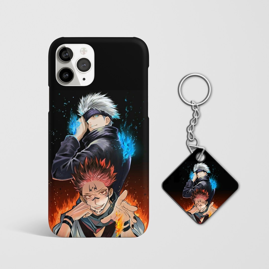 Close-up of Yuji and Gojo's aesthetic artwork on phone case with Keychain.