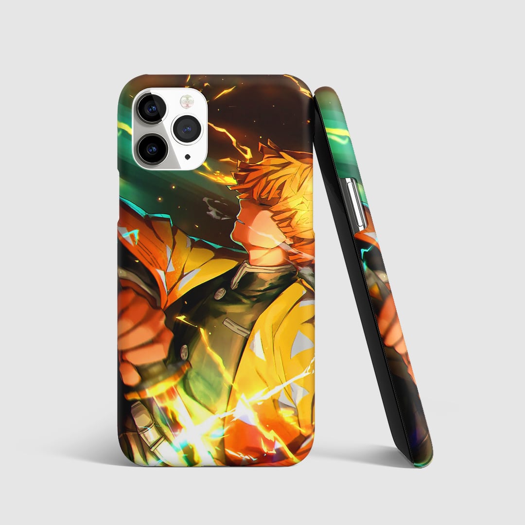 Dynamic artwork of Zenitsu Agatsuma in action on phone cover.