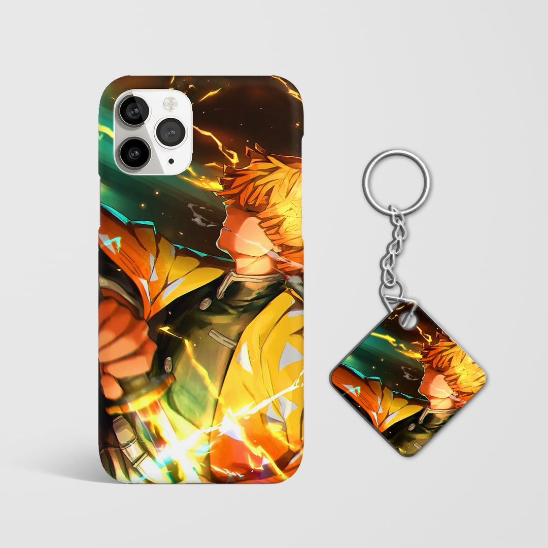 Close-up of Zenitsu Agatsuma’s intense expression in action pose on phone case with Keychain.