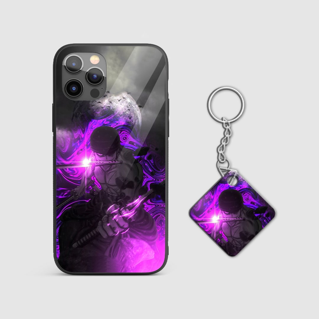 Detailed artwork of Zoro wielding three swords in the Onigiri technique on the phone case with Keychain.