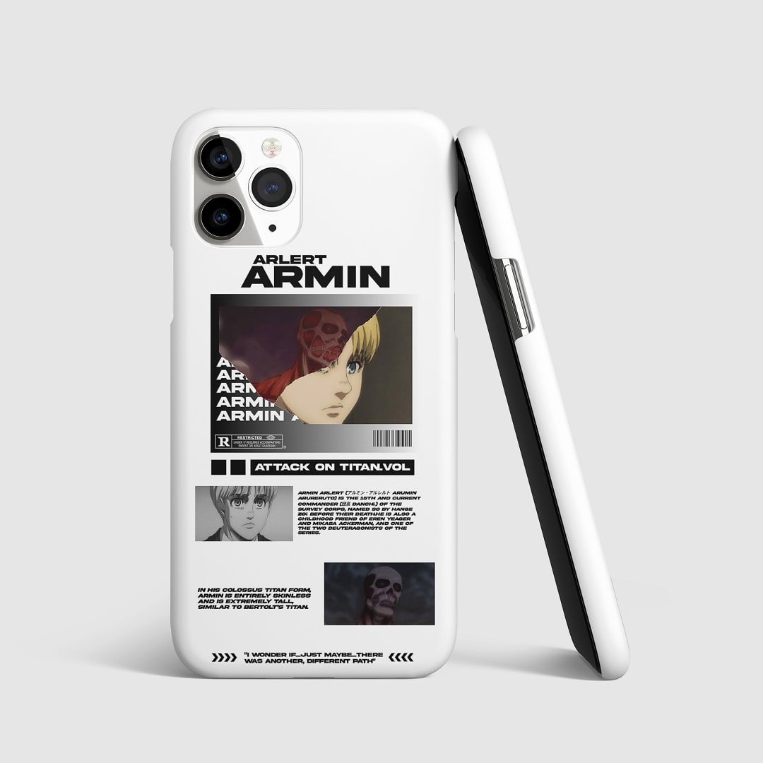 Striking artwork of Armin Arlert as the Colossal Titan from "Attack on Titan" on phone cover.