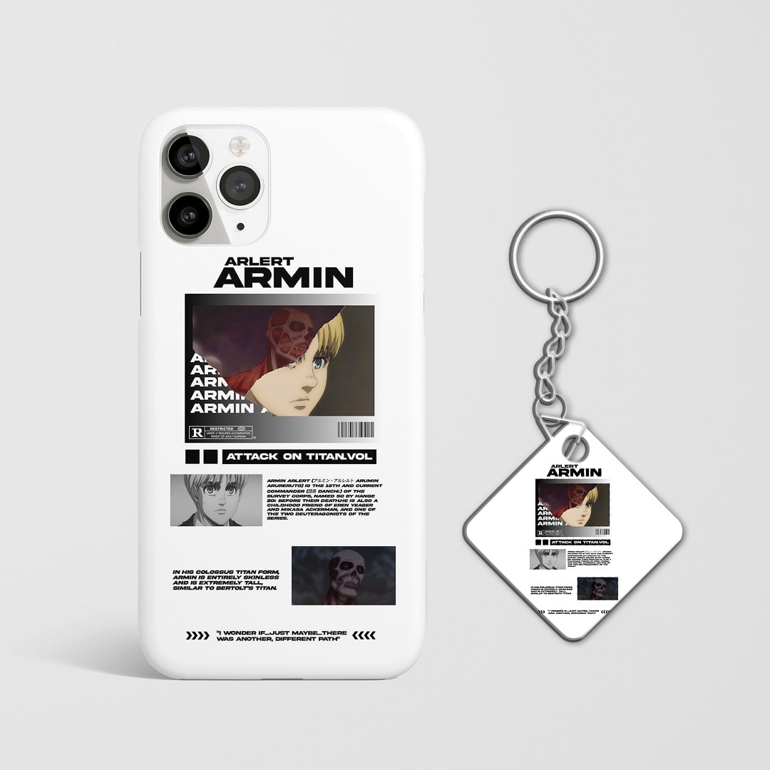 Close-up of Armin’s intense expression in Colossal Titan form on phone case with Keychain.