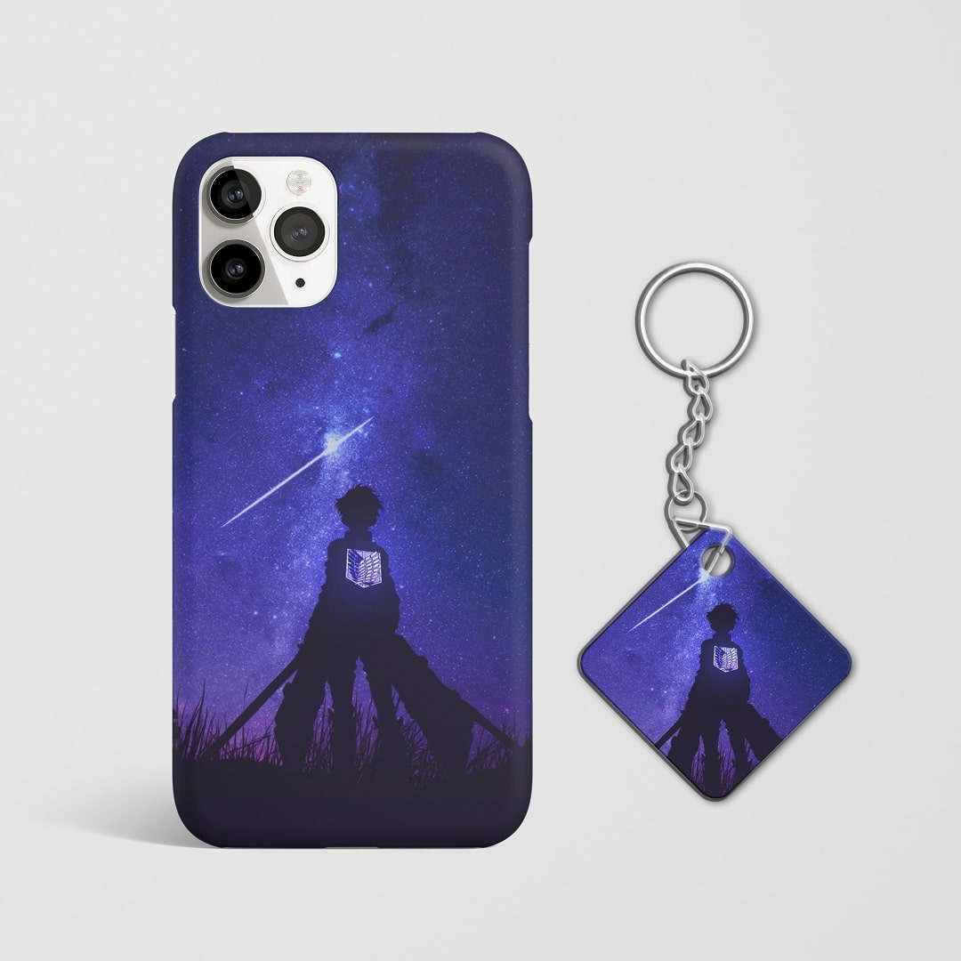 Close-up of a dramatic scene from "Attack on Titan" on phone case with Keychain.