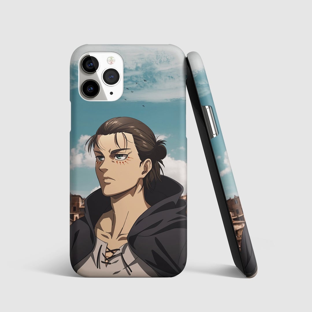 Striking artwork of Eren Yeager from "Attack on Titan" on phone cover.