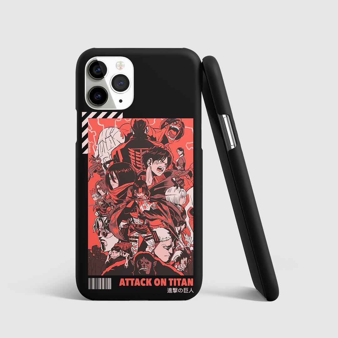 Striking artwork from "Attack on Titan" on phone cover.