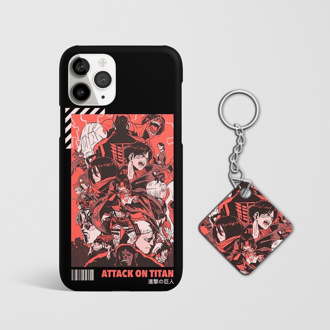 Close-up of an intense battle scene on the "Attack on Titan" phone case with Keychain.