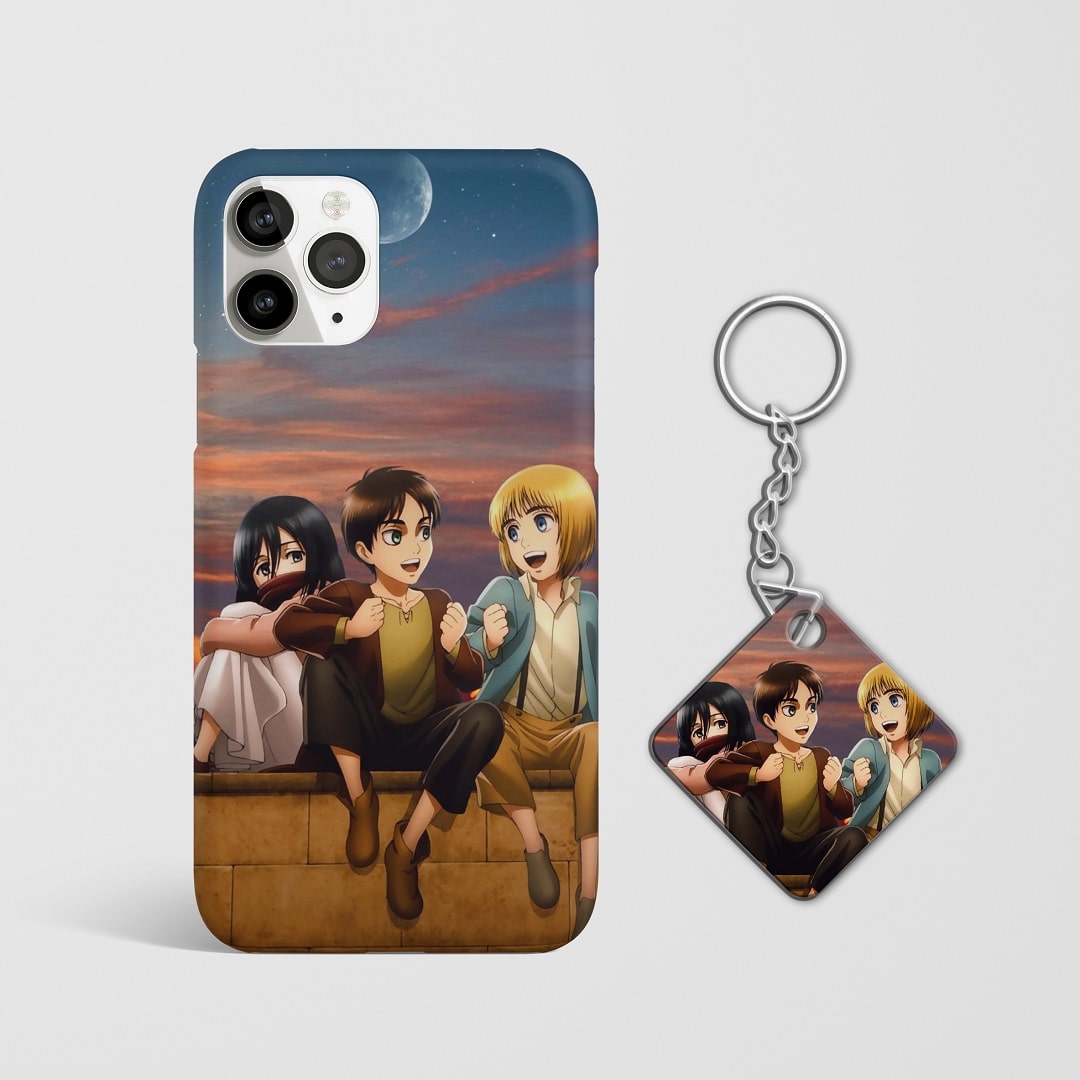 Close-up of the iconic trio from "Attack on Titan" on phone case with Keychain.