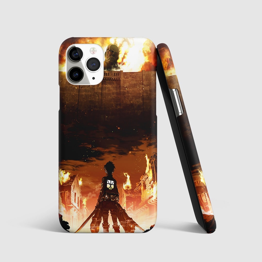 Striking artwork of the iconic walls from "Attack on Titan" on phone cover.